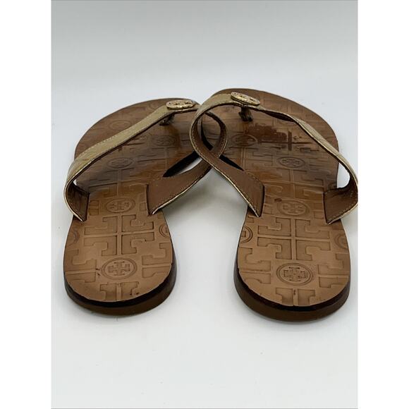 Tory Burch Thora Flip Flop Sandals Gold Leather with Gold Logo Women Size 8 - Picture 4 of 8